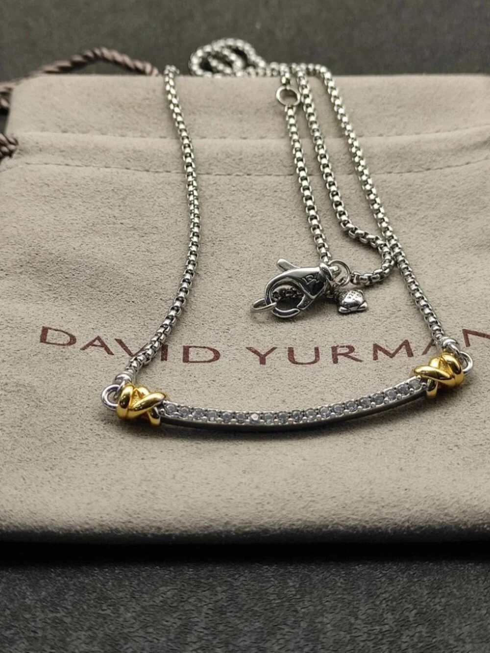 David Yurman Two-Tone Diamond Curved Bar Necklace in Silver and Gold